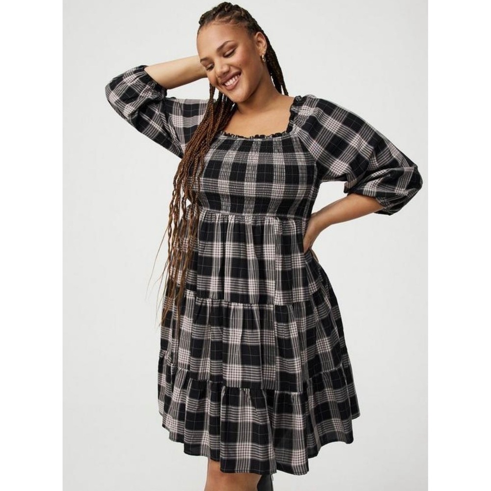 Torrid Margaret Plaid Smocked Bodice Dress Black White Challis Womens‎ 2 (18/20)